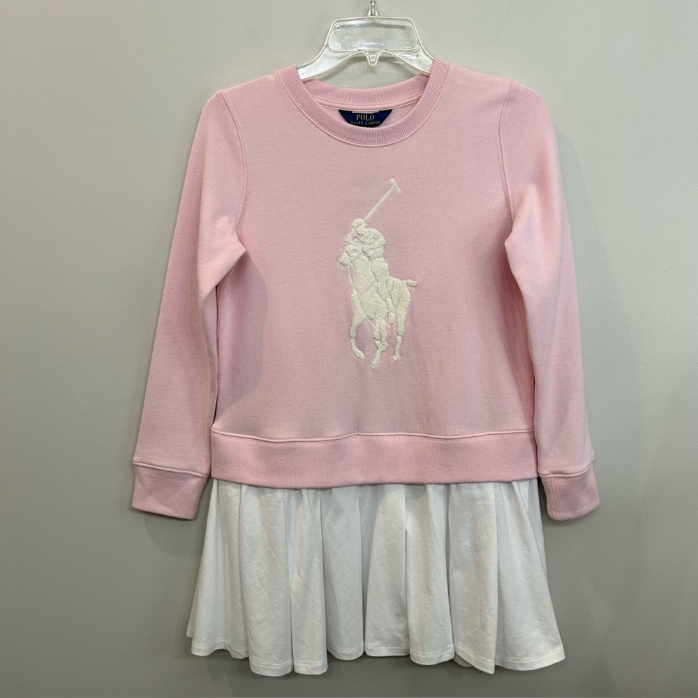 Ralph Lauren Big Pony Fleece Pink and White Kids Sweatshirt Dress Pleated Size L